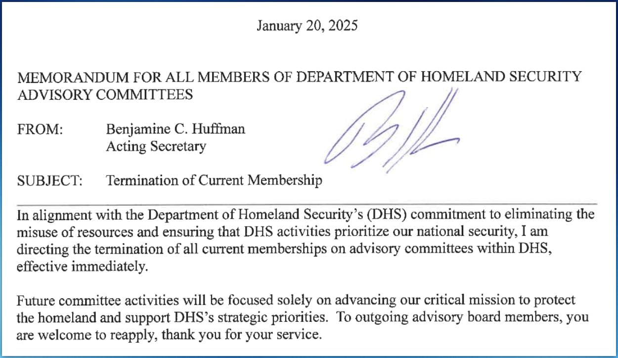 DHS terminates advisory committees